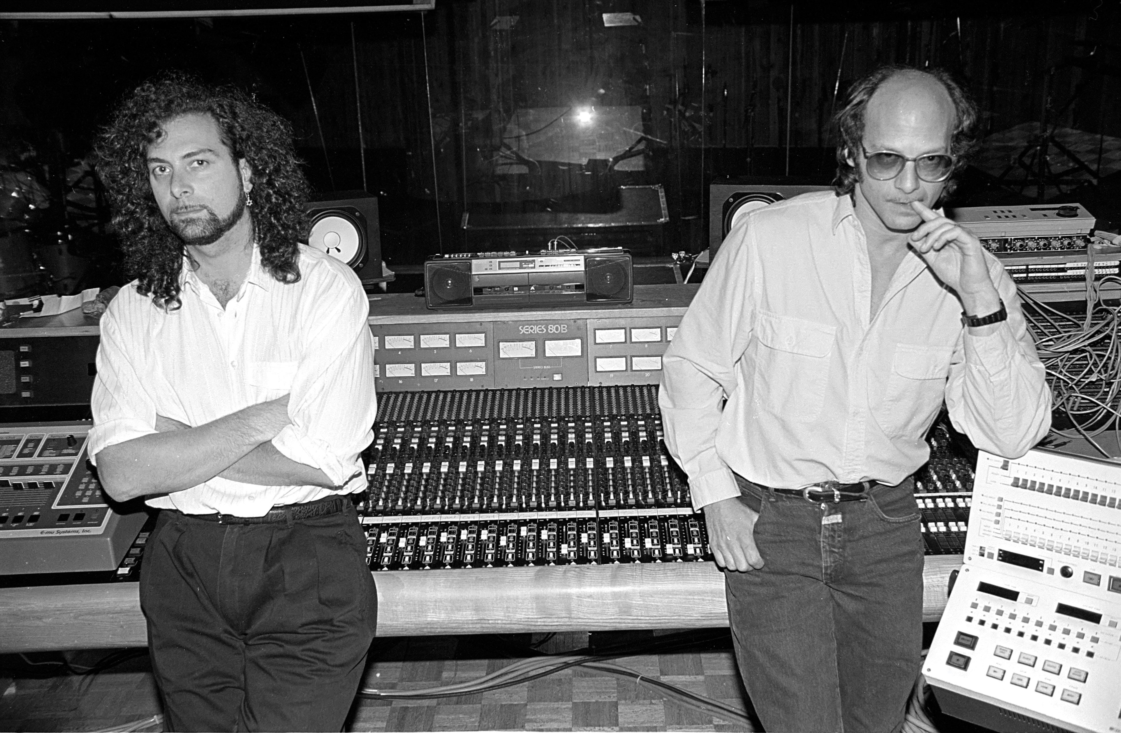 Revolution drummer Bobby Z. and producer David Z (aka David Rivkin) in the studio in Minneapolis, Minnesota, April 1989. Photo by Jim Steinfeldt/Michael Ochs Archives/Getty Images.